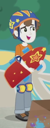 Size: 242x612 | Tagged: safe, derpibooru import, screencap, super funk, better together, equestria girls, sic skateboard, background human, clothes, cropped, helmet, male, pants, shoes, skateboard, smiling, sneakers, solo