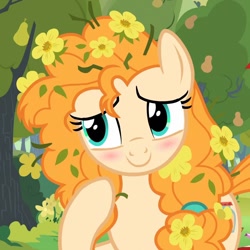 Size: 932x932 | Tagged: safe, derpibooru import, screencap, pear butter, earth pony, pony, the perfect pear, blushing, cropped, cute, female, flower, flower in hair, mare, pearabetes, smiling, solo