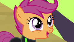 Size: 1280x720 | Tagged: safe, derpibooru import, screencap, scootaloo, pegasus, pony, the washouts (episode), clothes, cute, cutealoo, female, filly, foal, open mouth, solo, uniform, washouts uniform
