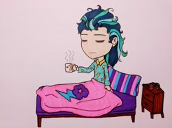 Size: 835x626 | Tagged: safe, artist:metalamethyst, derpibooru import, indigo zap, equestria girls, bed, bed hair, blanket, coffee, coffee mug, mug, nightstand, pillow, simple background, sleepy, traditional art, white background