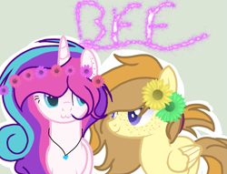 Size: 1007x768 | Tagged: safe, artist:mlpcotton-candy-pone, derpibooru import, oc, oc:ivory buttercup, oc:magical melody, pegasus, pony, unicorn, :3, female, floral head wreath, flower, flower in hair, mare, oc belongs to: dizzy-tm