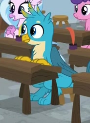 Size: 413x560 | Tagged: safe, derpibooru import, screencap, gallus, silverstream, griffon, pony, a rockhoof and a hard place, background pony, claws, cropped, cute, female, gallabetes, male, paws, sitting, smiling
