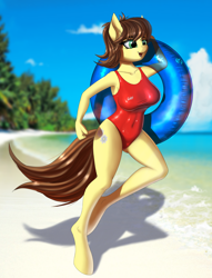 Size: 2000x2611 | Tagged: safe, artist:lightly-san, derpibooru import, oc, oc only, oc:gear, anthro, earth pony, unguligrade anthro, anthro oc, baywatch, beach, blurry background, clothes, commission, digital art, ear fluff, female, happy, mare, one-piece swimsuit, signature, solo, swimsuit, ych result