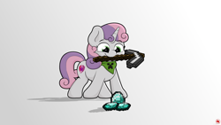 Size: 3840x2160 | Tagged: safe, artist:ljdamz1119, derpibooru import, sweetie belle, pony, unicorn, cute, diasweetes, don't mine at night, female, filly, minecraft, mouth hold, pickaxe, simple background, smiling, solo, white background