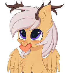 Size: 2673x2895 | Tagged: safe, artist:pesty_skillengton, derpibooru import, oc, oc only, oc:antler pone, original species, antlers, blushing, chest fluff, cute, ear fluff, female, heart, mouth hold, simple background, wings, ych result