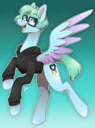 Size: 1917x2572 | Tagged: safe, artist:polymercorgi, derpibooru import, oc, pegasus, pony, clothes, female, glasses, hoodie, mare, solo, two toned wings