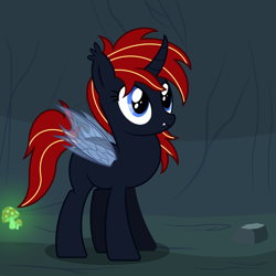 Size: 2500x2500 | Tagged: safe, artist:pizzamovies, derpibooru import, oc, oc only, oc:scarlet, original species, cave, cavern, dragonfly wings, ear fluff, fangs, female, glowing mushroom, half changeling, mare, mushroom, rock, smiling, solo