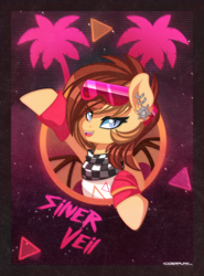 Size: 1200x1622 | Tagged: safe, artist:ciderpunk, derpibooru import, oc, oc only, oc:silver veil, bat pony, pony, 80s, bandana, bat pony oc, clothes, ear piercing, earring, female, glasses, jewelry, looking at you, open mouth, piercing, retro, retrowave, synthwave, wristband