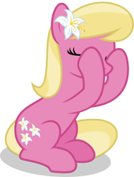 Size: 5000x6595 | Tagged: safe, artist:luckreza8, derpibooru import, lily, lily valley, earth pony, pony, the washouts (episode), .svg available, absurd resolution, background pony, eyes closed, female, flower, flower in hair, lily (flower), mare, simple background, sitting, solo, transparent background, vector