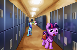 Size: 1600x1052 | Tagged: safe, artist:shaliwolf, derpibooru import, lemon hearts, minuette, twilight sparkle, twinkleshine, pony, unicorn, chest fluff, corridor, cute, female, filly, filly twilight sparkle, happy, lockers, open mouth, saddle bag, school, smiling, walking, younger