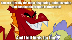 Size: 1280x720 | Tagged: safe, derpibooru import, edit, edited screencap, screencap, garble, sludge (g4), dragon, father knows beast, even evil has standards, everyone has standards, image macro, meme, op has a point, text