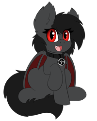 Size: 959x1200 | Tagged: safe, artist:pegamutt, derpibooru import, oc, oc:qetesh, bat pony, pony, 2019 community collab, bat pony oc, collar, derpibooru community collaboration, looking at you, simple background, sitting, solo, transparent background