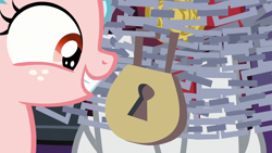 Size: 1280x720 | Tagged: safe, derpibooru import, screencap, chancellor neighsay, cozy glow, pegasus, pony, school raze, chains, female, filly, padlock, solo focus