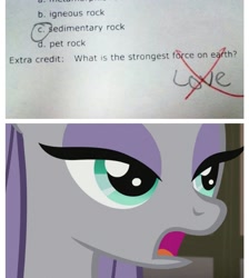 Size: 1269x1418 | Tagged: safe, derpibooru import, edit, edited screencap, screencap, maud pie, love, meme, oops, rock, test