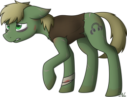 Size: 4000x3062 | Tagged: safe, artist:starlessnight22, derpibooru import, oc, oc only, oc:murky, fallout equestria, fallout equestria: murky number seven, bandage, chest fluff, clothes, fanfic art, floppy ears, gritted teeth, male, raised hoof, scar, scarred, shirt, signature, simple background, solo, stallion, transparent background