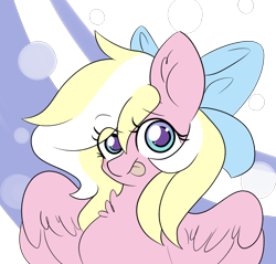 Size: 3984x3808 | Tagged: safe, artist:alina-pink, derpibooru exclusive, derpibooru import, oc, oc only, oc:bay breeze, pegasus, pony, blushing, bow, cute, female, hair bow, looking at you, mare, simple background, tongue out
