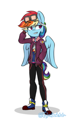 Size: 711x1159 | Tagged: safe, artist:tylerdashart, derpibooru import, rainbow dash, anthro, pegasus, clothes, female, goggles, jacket, mare, pants, simple background, smiling