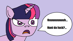 Size: 739x424 | Tagged: safe, artist:logan jones, derpibooru import, twilight sparkle, pony, unicorn, 1000 hours in ms paint, confused, female, japanese, meme, nani, nani the fuck, purple background, reaction image, simple background, speech bubble, vulgar