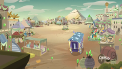 Size: 1920x1080 | Tagged: safe, derpibooru import, screencap, desert flower, husani, taperet, earth pony, pony, road to friendship, background pony, desert, female, glowpaz, male, mare, market, marketplace, pyramid, scenery, somnambula (location), somnambula resident, stallion, trixie's wagon, unnamed pony, vendor, vendor stall, village, well