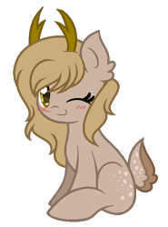 Size: 485x657 | Tagged: safe, artist:t-aroutachiikun, derpibooru import, oc, deer pony, original species, cute, female, one eye closed, simple background, solo, transparent background, wink