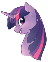 Size: 450x580 | Tagged: safe, artist:floofurr, derpibooru import, twilight sparkle, pony, unicorn, bust, female, looking at you, mare, smiling, solo