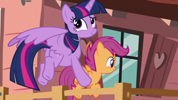 Size: 1280x720 | Tagged: safe, derpibooru import, screencap, scootaloo, twilight sparkle, twilight sparkle (alicorn), alicorn, pegasus, pony, the washouts (episode), carrying, clubhouse, crusaders clubhouse, duo, female, filly, flying, foal, holding a pony, mare, plot, twibutt