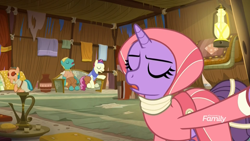 Size: 1920x1080 | Tagged: safe, derpibooru import, screencap, earth pony, pony, unicorn, road to friendship, background pony, clothes, female, headband, inn, jewelry, lantern, male, mare, necklace, pants, pillow, robe, rug, scarf, sofa, somnambula (location), stallion, teapot, unnamed pony, vase