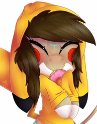 Size: 2229x2853 | Tagged: safe, artist:donutnerd, derpibooru import, oc, oc only, oc:rune, pegasus, pikachu, pony, blushing, clothes, costume, cute, donut, eyes closed, female, fluffy, food, happy, hoodie, kigurumi, mare, plushie, pokémon, pokémon red and blue, smiling, snuggling, solo, sweatshirt, warm, young