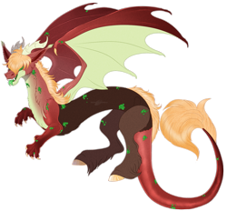 Size: 1487x1377 | Tagged: safe, artist:bijutsuyoukai, derpibooru import, oc, oc only, draconequus, hybrid, claws, draconequus oc, dragon wings, forked tongue, green tongue, hair over eyes, horns, interspecies offspring, magical gay spawn, magical threesome spawn, male, multiple parents, offspring, parent:big macintosh, parent:discord, parent:spike, parents:dispikemac, pony hooves, scales, simple background, solo, tongue out, transparent background, unshorn fetlocks, wing claws