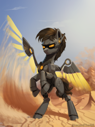 Size: 1500x2000 | Tagged: safe, artist:discordthege, derpibooru import, oc, oc only, pony, robot, robot pony, artificial wings, augmented, commission, desert, mechanical wing, rearing, solo, wings