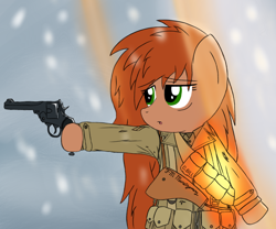 Size: 1000x830 | Tagged: safe, artist:yamsmos, derpibooru exclusive, derpibooru import, oc, oc only, oc:duckbill, battlefield, battlefield 5, corporal, female, gun, handgun, holster, hoof hold, how, long sleeves, military uniform, revolver, solo, weapon