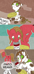 Size: 1050x2250 | Tagged: safe, artist:curiousglaistig, derpibooru import, oc, oc only, oc:pun, earth pony, pony, ask, ask pun, beans, can, female, food, hobo, hobo pony, homeless, mare, pun
