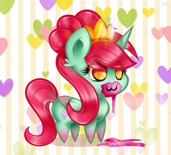 Size: 1024x931 | Tagged: safe, artist:thetarkaana, derpibooru import, oc, oc:empress lace, alicorn, pony, :3, alicorn oc, candy, chibi, crown, cute, eating, female, food, jewelry, regalia, smiling, solo