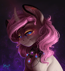 Size: 2504x2725 | Tagged: safe, artist:amishy, derpibooru import, oc, oc only, oc:tarot, pony, unicorn, abstract background, blue eyes, commission, curved horn, digital art, ear fluff, female, high res, horn, mare, necklace, pink hair, pink mane, signature, smiling, solo, ych result