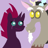 Size: 170x170 | Tagged: safe, artist:spyro-for-life, derpibooru import, discord, tempest shadow, pony, bust, eye scar, pointy ponies, scar, shipping, smiling, tempcord