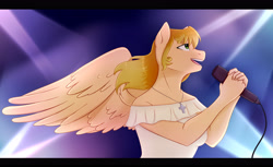 Size: 4896x3000 | Tagged: safe, artist:paperdakku, derpibooru import, oc, oc only, anthro, pegasus, anthro oc, clothes, commission, digital art, female, folded wings, high res, mare, microphone, open mouth, shirt, singing, solo, wings, ych result