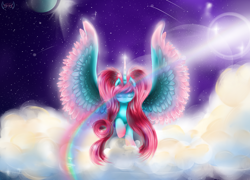 Size: 1024x737 | Tagged: safe, artist:thetarkaana, derpibooru import, oc, oc:empress lace, alicorn, alicorn oc, cloud, female, horn, solo, space, wings