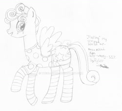 Size: 1024x935 | Tagged: safe, artist:thecloud96, derpibooru import, rolling thunder, pegasus, pony, clothes, cute, eye scar, female, lineart, mare, obtrusive watermark, open mouth, pajamas, raised hoof, scar, sketch, socks, solo, striped socks, traditional art, watermark