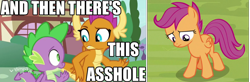 Size: 2190x720 | Tagged: safe, derpibooru import, edit, edited screencap, screencap, scootaloo, smolder, spike, dragon, pegasus, pony, father knows beast, the washouts (episode), abuse, background pony strikes again, female, filly, foal, male, op is a cuck, op is trying to start shit, sad, scootabuse