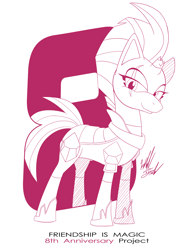 Size: 1086x1400 | Tagged: safe, artist:fuzon-s, derpibooru import, part of a set, tempest shadow, pony, unicorn, anniversary, female, happy birthday mlp:fim, mare, mlp fim's eighth anniversary, monochrome, raised hoof, sketch, smiling, solo, style emulation, yuji uekawa style