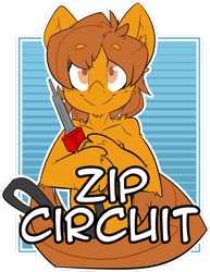 Size: 1280x1655 | Tagged: safe, artist:bbsartboutique, derpibooru import, oc, oc only, oc:zip circuit, badge, con badge, looking at you, simple background, smiling, soldering iron, solo, transparent background