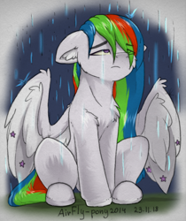 Size: 1048x1245 | Tagged: safe, artist:airfly-pony, derpibooru import, oc, oc:unya, pony, cheek fluff, chest fluff, ear fluff, floppy ears, leg fluff, male, rain, rcf community, sad, solo, stars, wet, wet mane, wing fluff