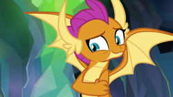 Size: 1280x720 | Tagged: safe, derpibooru import, screencap, smolder, dragon, what lies beneath, claws, cute, dragon wings, dragoness, fangs, female, shy, smiling, smolderbetes, solo, spread wings, wings