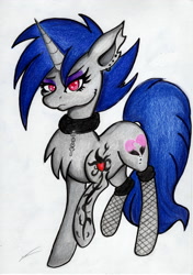 Size: 2460x3486 | Tagged: safe, artist:luxiwind, derpibooru import, oc, oc:inkheart, pony, unicorn, choker, female, fishnet stockings, mare, solo, traditional art