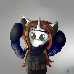 Size: 1500x1500 | Tagged: safe, artist:lunar froxy, derpibooru import, oc, oc only, oc:light landstrider, pony, unicorn, armor, commission, crossover, eye clipping through hair, male, rainbow six siege, solo, stallion, ying