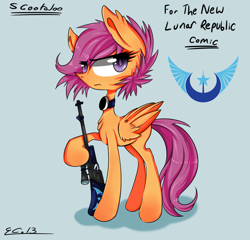 Size: 4753x4560 | Tagged: safe, artist:rigiroony, artist:scootaloocuteness, derpibooru import, scootaloo, absurd resolution, gun, new lunar republic, weapon