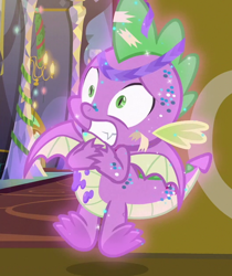 Size: 530x630 | Tagged: safe, derpibooru import, screencap, spike, dragon, best gift ever, claws, cropped, glitter, implied twilight sparkle, magic, magic aura, male, offscreen character, shocked, solo, tail, winged spike, wings