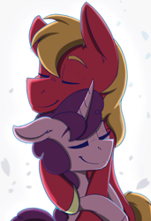 Size: 4550x6650 | Tagged: safe, artist:lula-moonarts, derpibooru import, big macintosh, sugar belle, pony, absurd resolution, eyes closed, female, hug, male, mare, shipping, smiling, stallion, straight, sugarmac