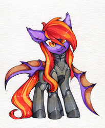 Size: 1280x1564 | Tagged: safe, artist:lispp, derpibooru import, oc, oc only, oc:silvia noctis, bat pony, pony, armor, bat pony oc, commission, fangs, female, looking at you, mare, simple background, smiling, solo, traditional art, white background