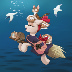 Size: 2000x2000 | Tagged: safe, artist:confetticakez, derpibooru import, oc, oc:cinnamon spangled, bird, cat, rabbit, seagull, animal, bow, broom, clothes, costume, crossover, eyes closed, female, flying, flying broomstick, kiki's delivery service, mare, ocean, solo, studio ghibli, witch